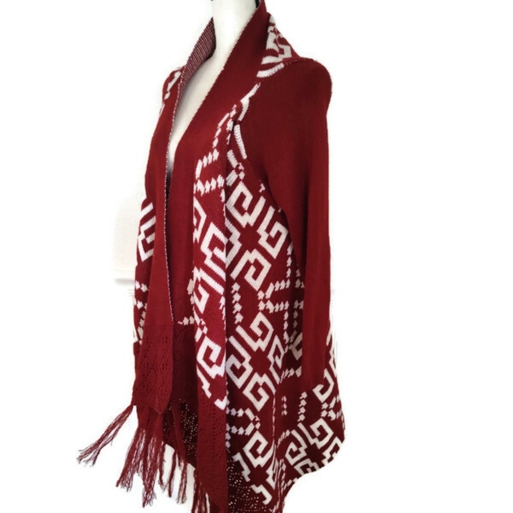 Brick Red South West Geometric Pattern knit Waterfall Sweater Rodeo Size Large